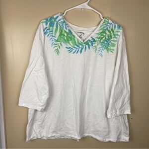 Coral Bay White Top with 3/4 Sleeve Blue and Green Palm Leaf Design Plus Blouse